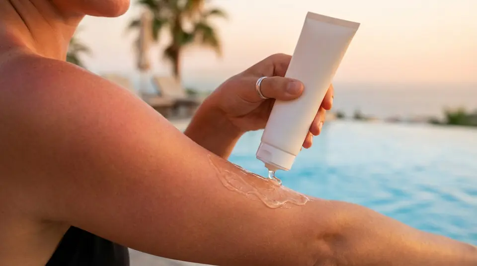 Hand applies clear cooling gel from a white tube to a sun-kissed arm with subtle tan and redness, blurred pool/sunset background.