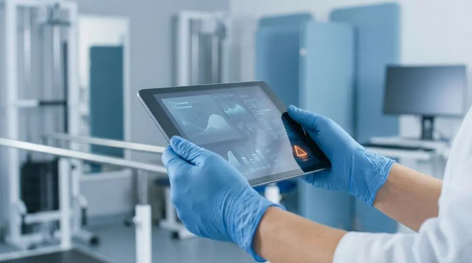 Hands in blue medical gloves holding a tablet displaying medical data visualizations and an orange warning icon in a blurred clinic.