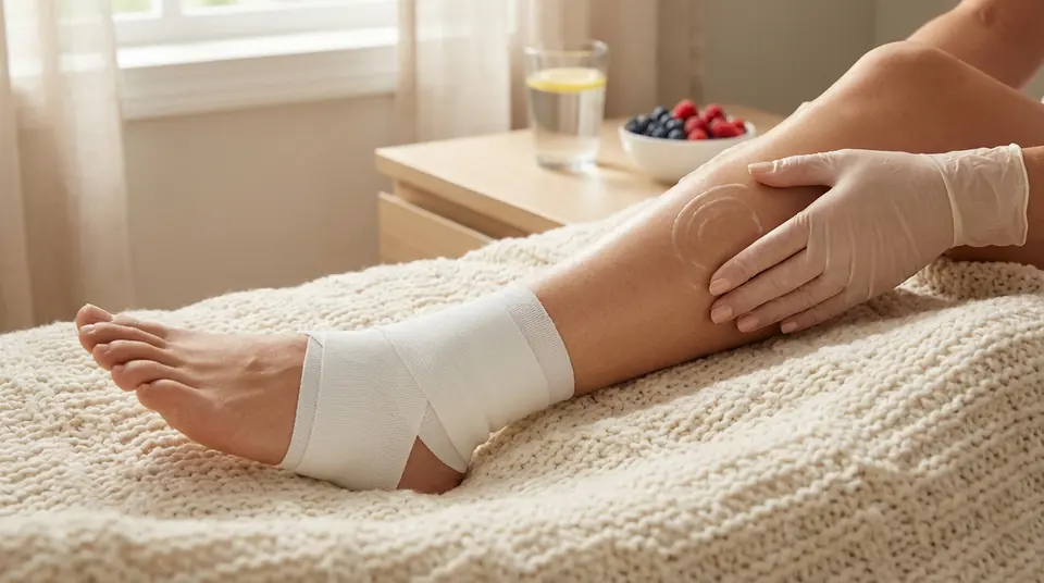 Jambe sur un lit, cheville bandée, main gantée appliquant de la crème sur le mollet. Soin pour œdème post-opératoire.