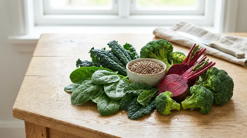 Sélection de légumes riches en fer : épinards, brocolis, chou kale, betteraves et lentilles sur une table en bois.