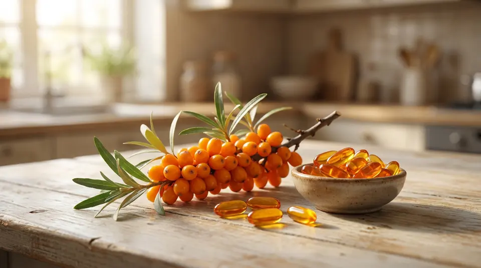 Rameau d'argousier frais à côté d'un petit bol rempli de capsules d'huile sur une table en bois dans une cuisine.