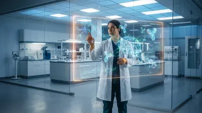 Une scientifique utilisant une interface holographique pour analyser des données biologiques dans un laboratoire moderne.