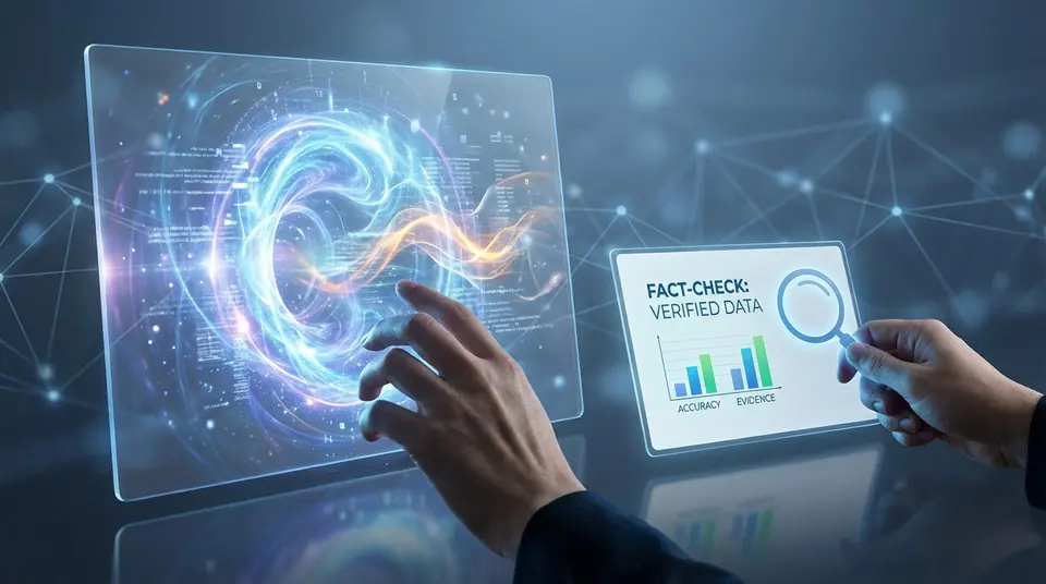 Two hands interacting with digital interfaces. One touches a swirling light vortex (viral info), the other holds a screen with 'FACT-CHECK: VERIFIED DATA' (truth).