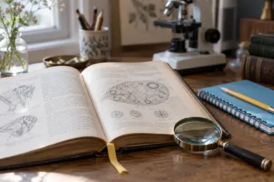 Livre à planches scientifiques et loupe sur un bureau, illustration d’ambiance évoquant les manuels et la recherche anatomique.