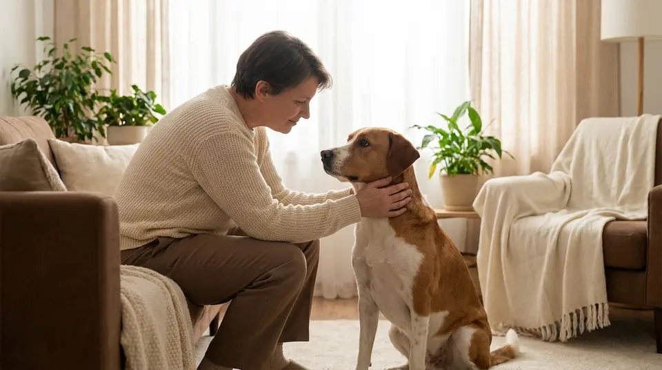 Adult gently pets a calm, brown and white dog in a warm, well-lit home. Both look at each other, conveying care and connection.