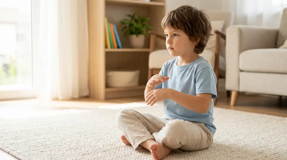 A 6-year-old child in a blue t-shirt and beige pants sits on a rug in a sunlit living room, hands gently moving. Calm, contemplative.