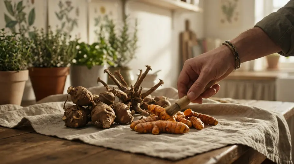 A hand cleans vibrant turmeric and devil's claw roots on linen, symbolizing natural joint pain relief in a warm, herbal kitchen.