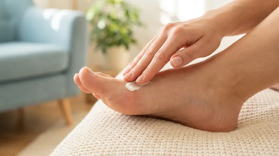 Close-up of a hand gently applying white cream to a foot's big toe joint area, suggesting bunion care. Soft, warm lighting.