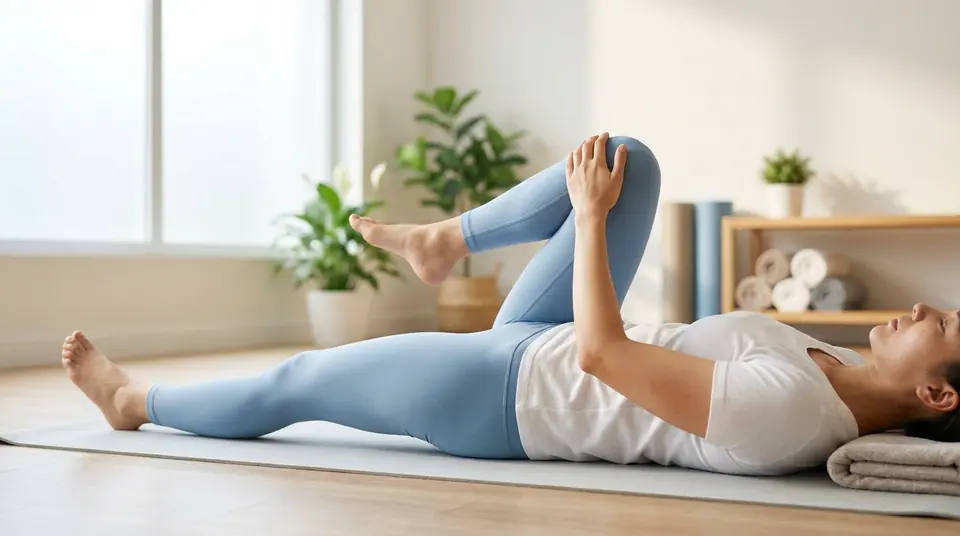 Femme allongée sur tapis de yoga, étirant doucement son genou droit vers la poitrine. Exercice pour soulager le dos.