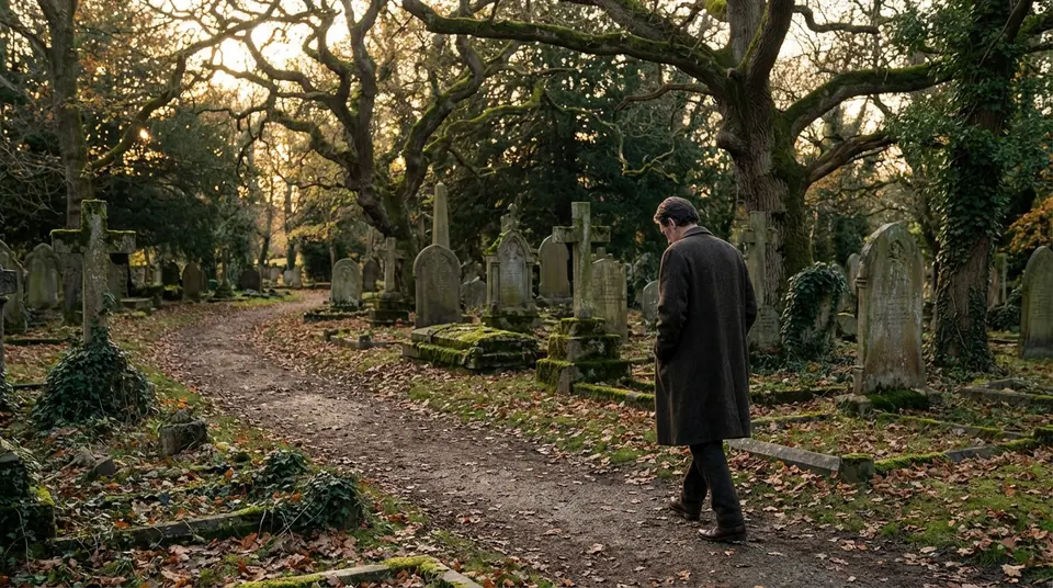 Homme en manteau marchant dans un cimetière ancien, entre des tombes moussues et arbres, lumière douce d'automne.