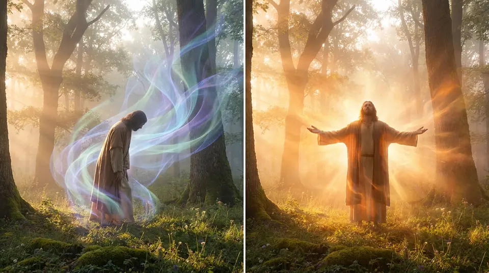 Diptyque : figure ressemblant à Jésus courbée, entourée d'énergie sombre, puis debout, rayonnant de lumière dorée dans la forêt.