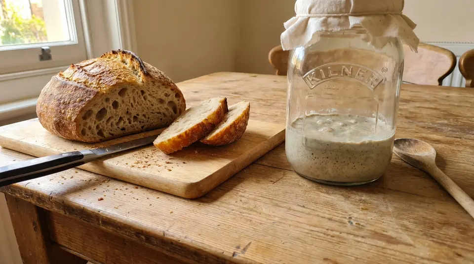 Pain au levain fraîchement tranché sur une planche en bois, à côté d'un bocal de levain actif et bulleux. Lumière naturelle.