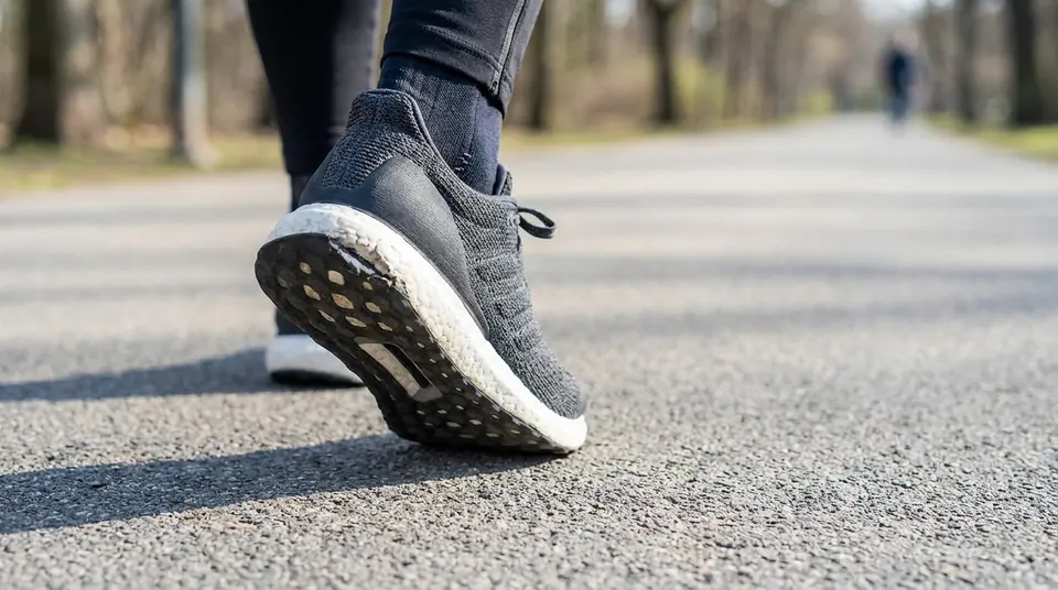 Gros plan sur l'arrière d'une chaussure de running noire et blanche montrant une usure prononcée du talon externe sur un chemin.