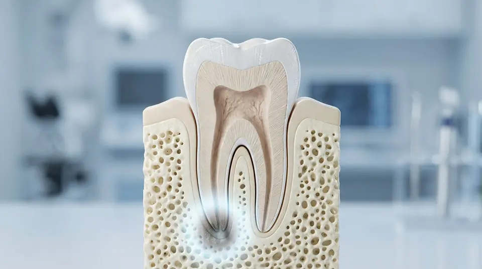 Représentation 3D d'une coupe transversale d'une dent et de l'os alvéolaire, avec une zone d'infection brillante à l'apex de la racine.