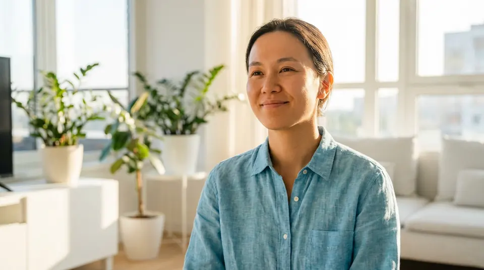 Portrait d'une femme asiatique souriante, les yeux levés, vêtue d'une chemise bleue, dans un intérieur moderne baigné de lumière naturelle.