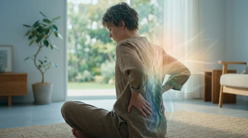 Femme assise, les mains sur le bas du dos, des ondes lumineuses colorées symbolisent la douleur intense et la gêne lombaire.