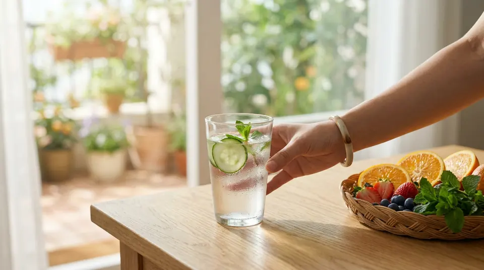 Une main saisit un verre d'eau fraîche infusée au concombre et menthe, à côté d'un panier de fruits variés sur une table en bois.