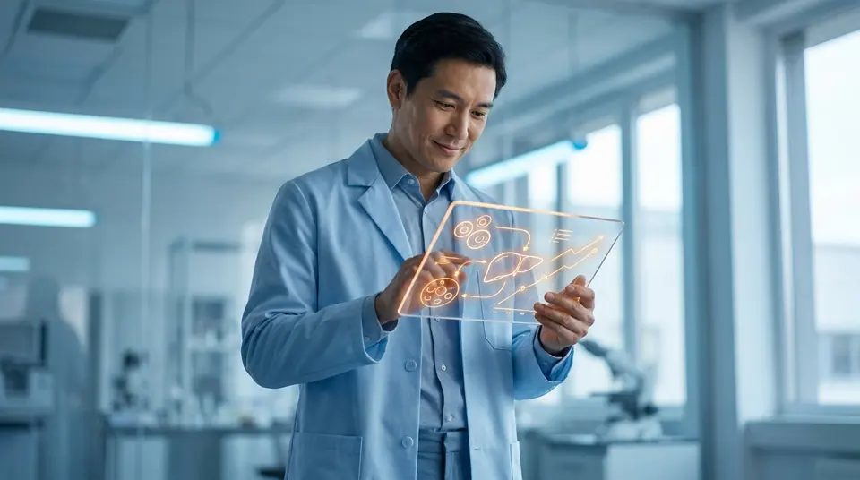 Médecin en blouse de laboratoire examine des données médicales complexes (foie, cellules, graphiques) sur une tablette holographique dans un labo.