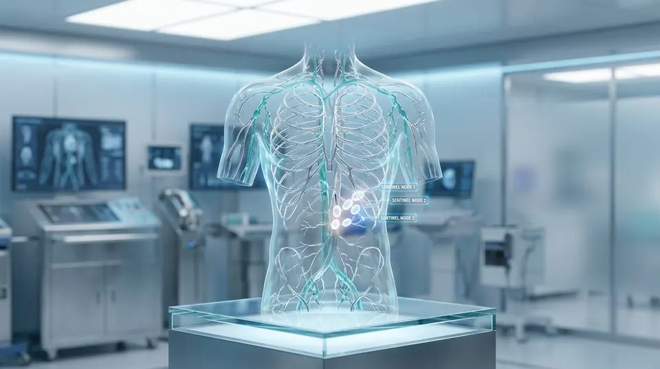 Modèle 3D holographique d'un torse humain montrant trois ganglions sentinelles marqués dans un environnement médical high-tech.
