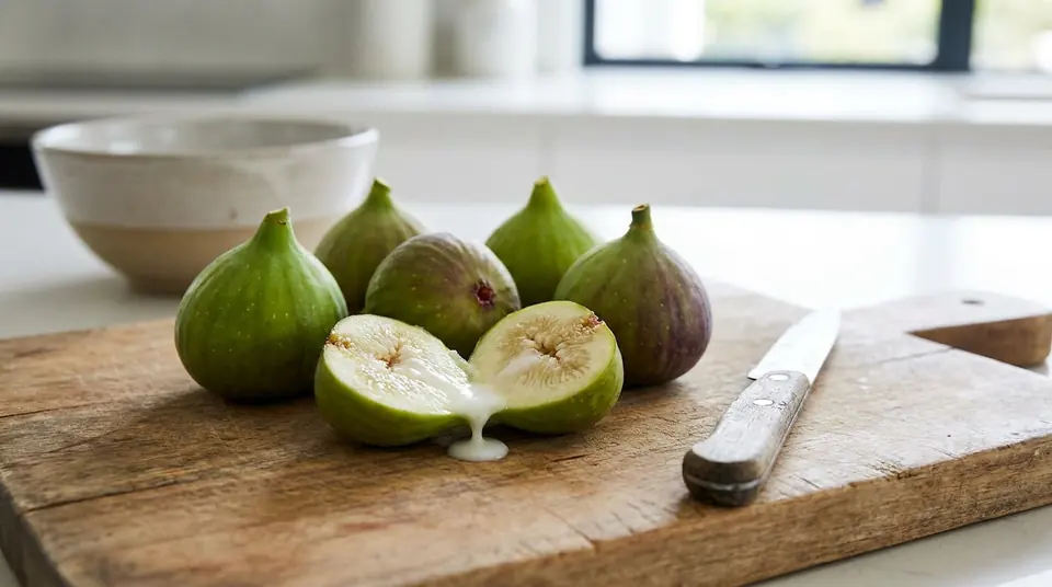 Des figues vertes et violacées sur une planche à découper, une coupée en deux avec du latex blanc qui s'écoule.