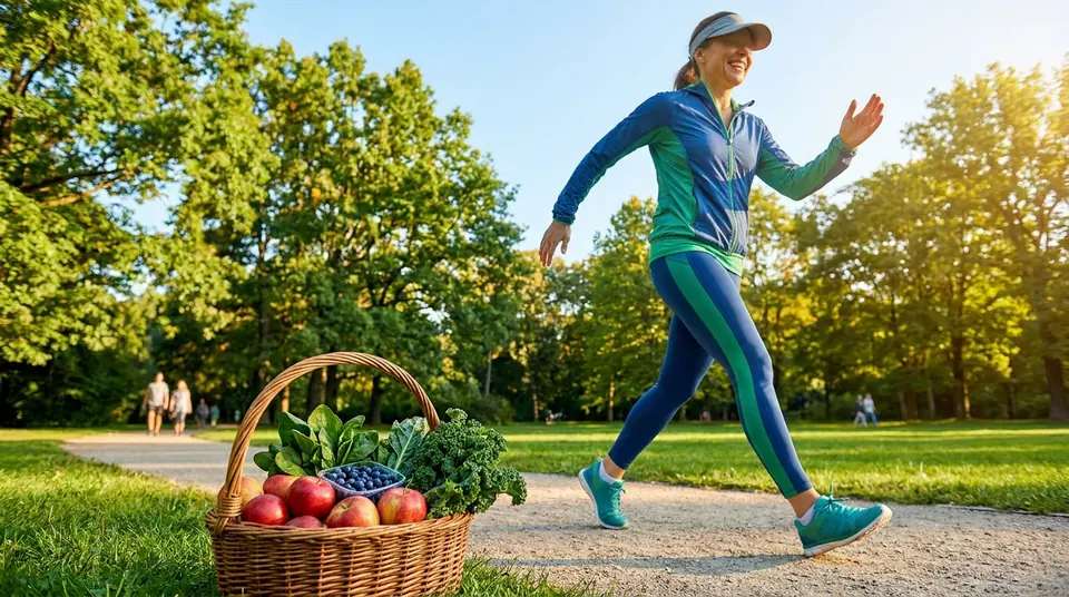 Une femme joyeuse fait de la marche rapide dans un parc près d'un panier rempli de fruits et légumes frais.