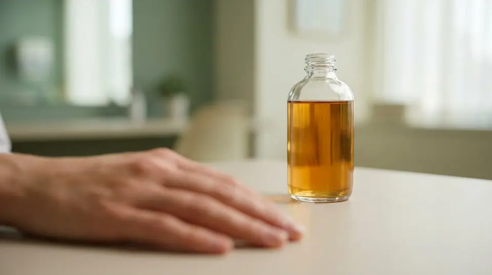 Une bouteille de vinaigre posée sur une table près d'une main, illustrant un remède naturel potentiellement irritant.