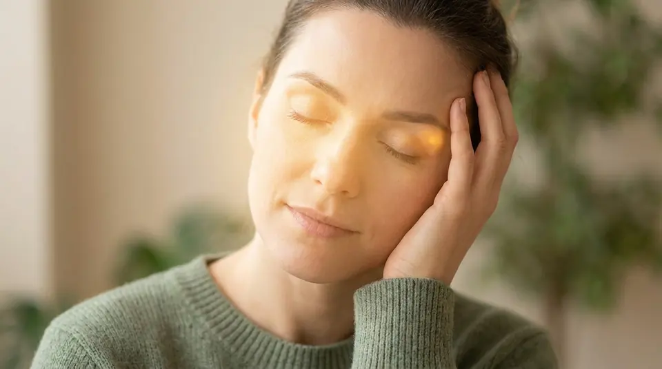 Une femme aux yeux fermés avec une lueur dorée sur la paupière, symbolisant une gêne oculaire.