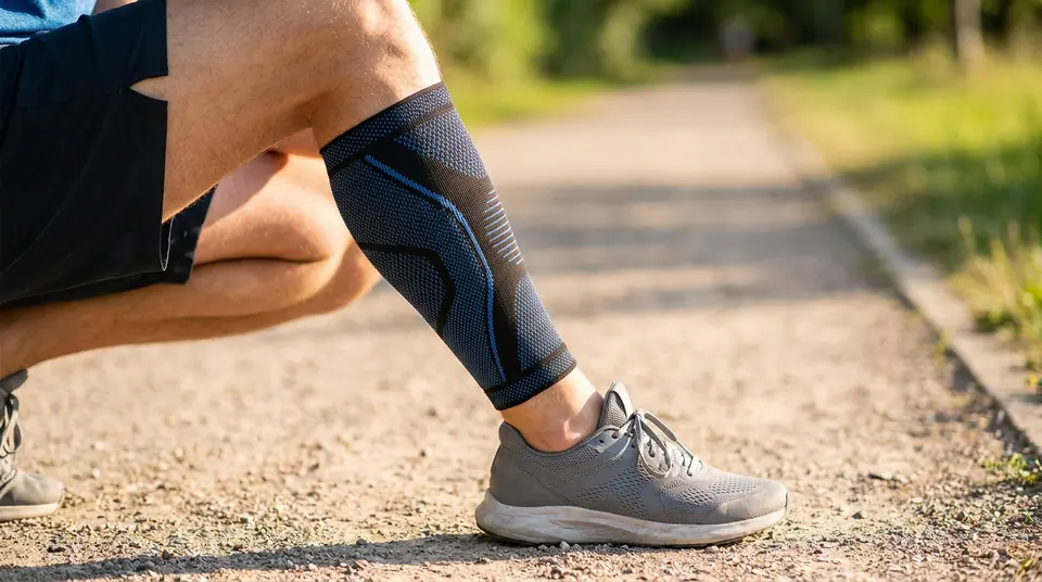 Coureur portant un manchon de compression bleu et noir sur son mollet pour soulager une douleur au tibia.