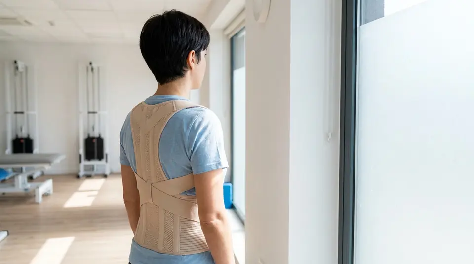 Femme vue de dos portant un corset correcteur de posture dans un centre de rééducation.