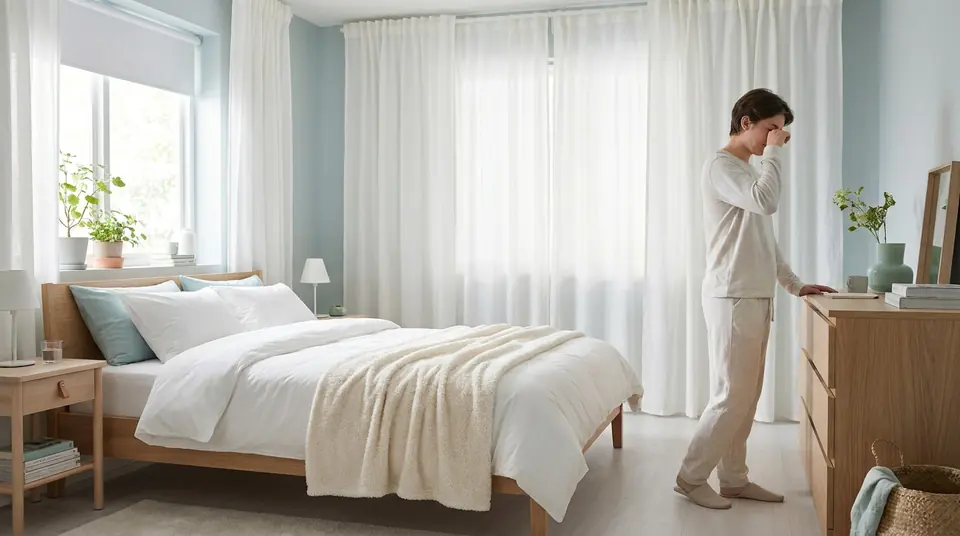Une personne fatiguée se frotte les yeux dans une chambre lumineuse, évoquant les symptômes d'une allergie.