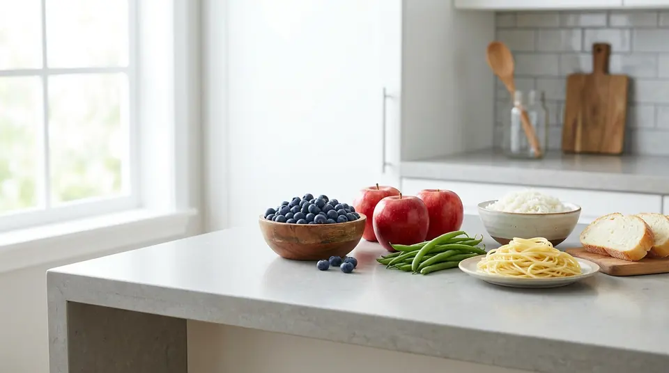 Assortiment d'aliments sains comme des myrtilles, des pommes, du riz et des pâtes disposés sur un comptoir de cuisine.