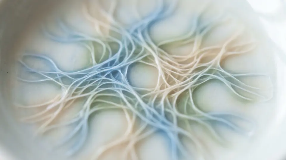 Une illustration abstraite montrant un réseau complexe de filaments entrelacés dans des tons bleu et beige.