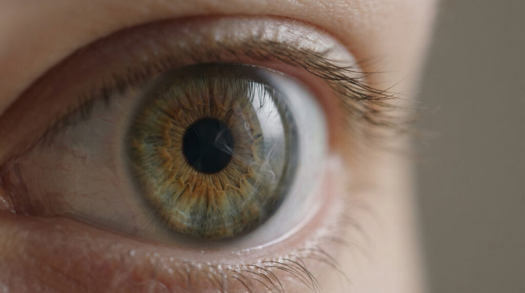 Photorealistic close-up of a healthy hazel human eye with clear pupil and subtle, ethereal floaters or lines of light within the vitreous humor.