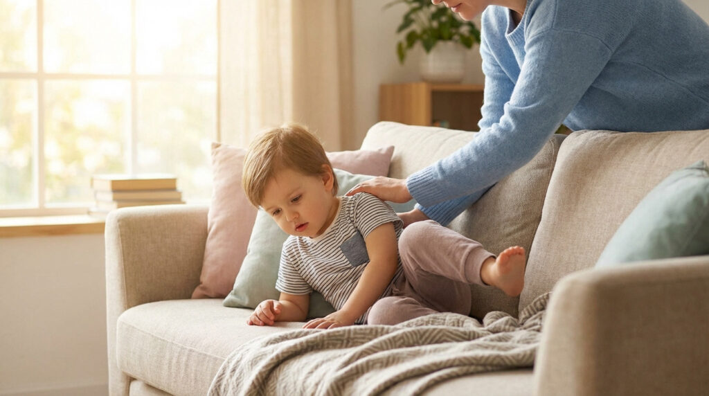 A caring adult comforts a subdued toddler on a cozy sofa in a warm, sunlit living room. The adult's hand rests gently on the child's shoulder.