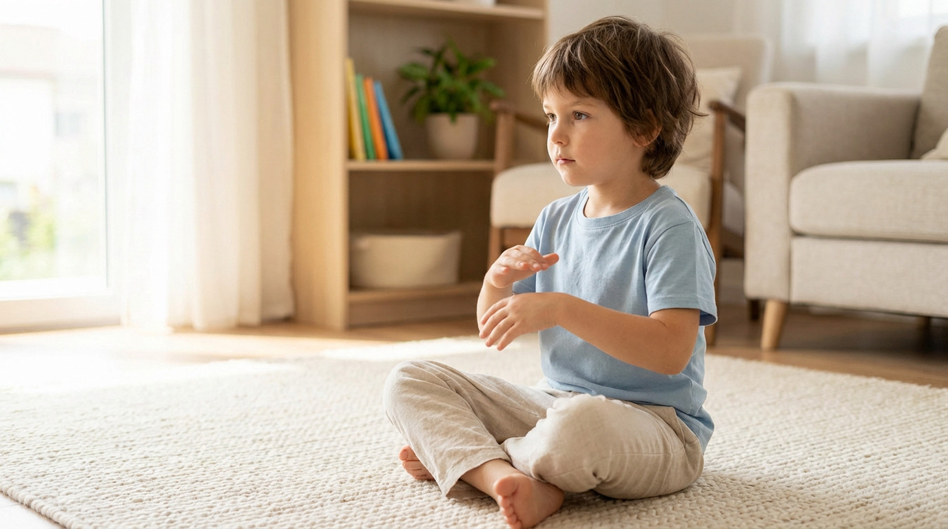A 6-year-old child in a blue t-shirt and beige pants sits on a rug in a sunlit living room, hands gently moving. Calm, contemplative.
