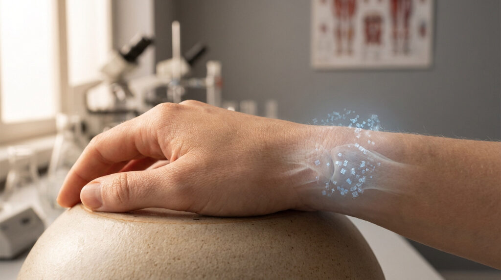 Hand with ethereal blue micro-crystals at the wrist joint, set in a blurred medical lab. Visualizes microscopic internal processes.