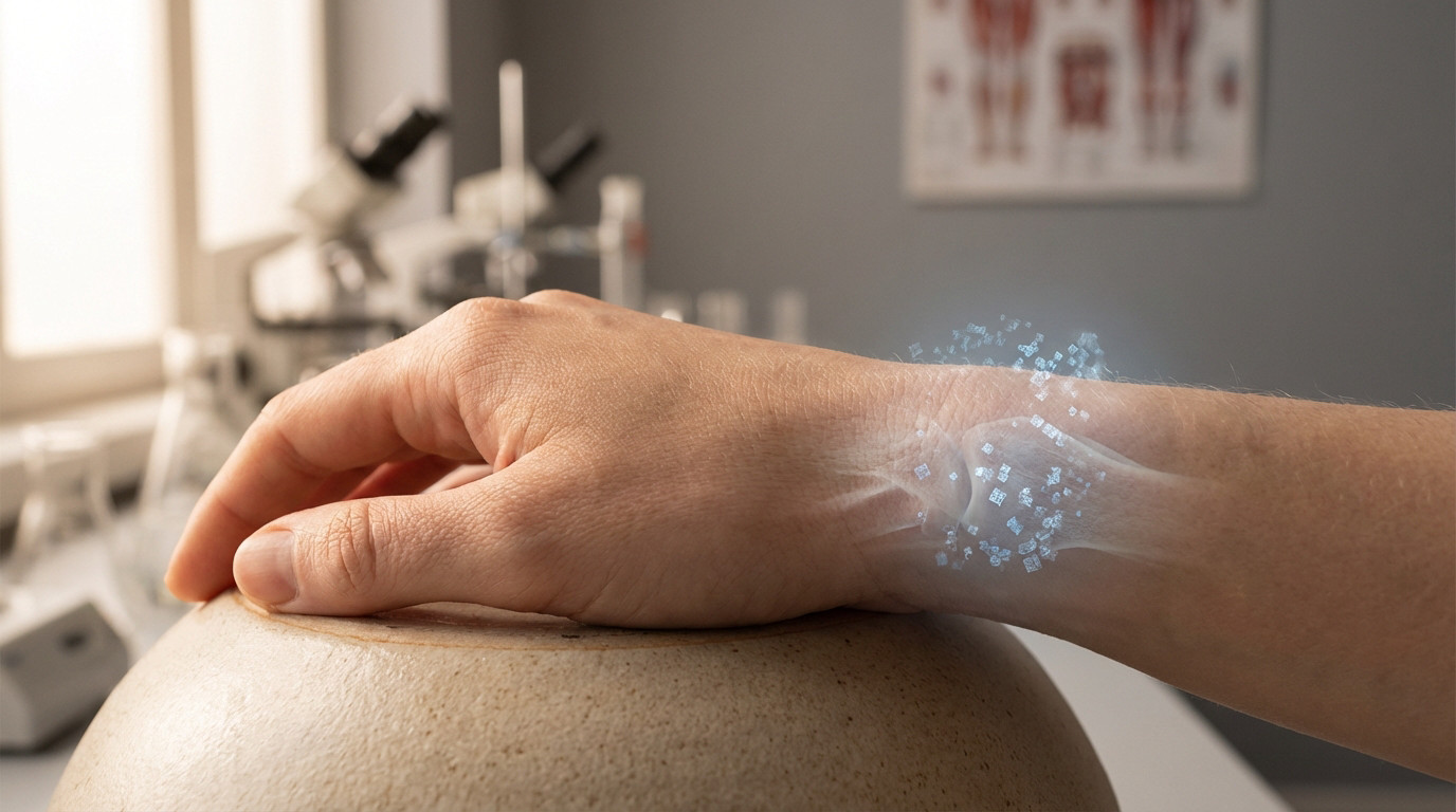 Hand with ethereal blue micro-crystals at the wrist joint, set in a blurred medical lab. Visualizes microscopic internal processes.