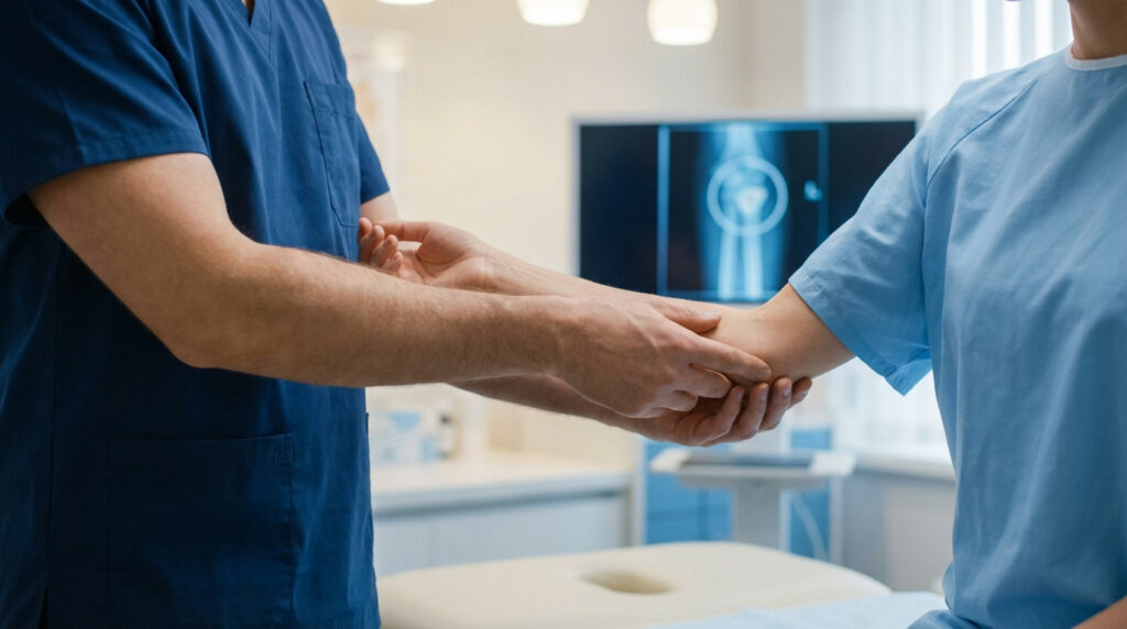 Un médecin examine le coude d'un patient en présence d'une radiographie affichée sur un moniteur en arrière-plan.