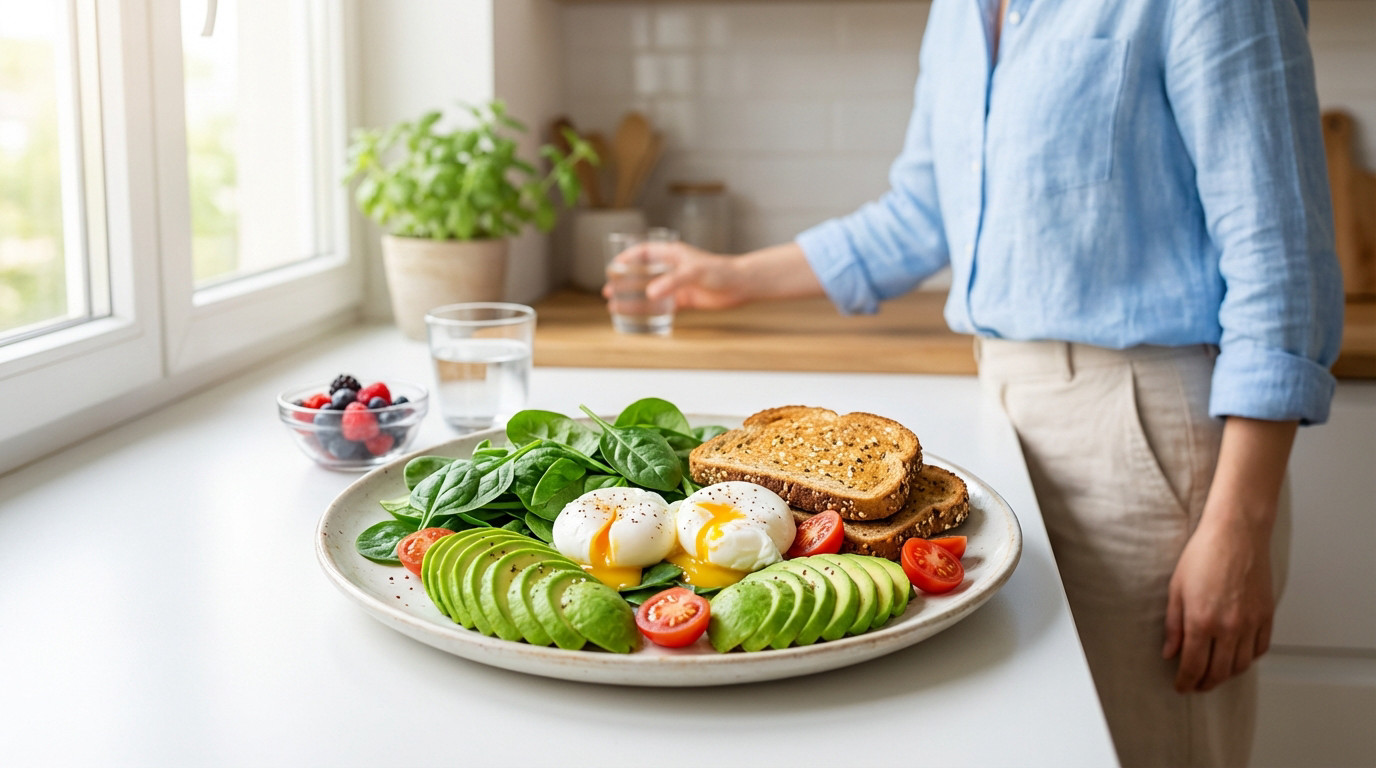 Bright image of a healthy breakfast plate: poached eggs, sliced avocado, spinach, tomatoes, toast. Person in background reaching for water.