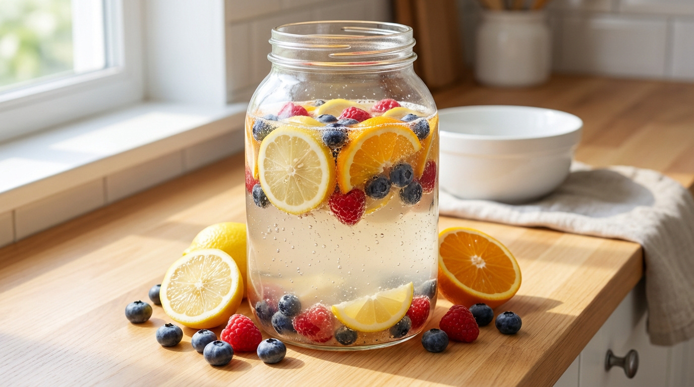Grand bocal de kéfir de fruits pétillant avec rondelles de citron et d'orange, myrtilles et framboises sur un comptoir en bois.