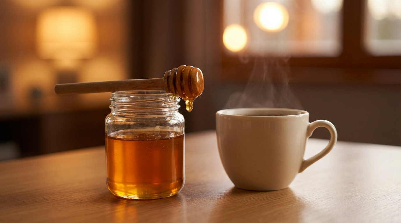 Pot de miel avec bâtonnet dégoulinant et une tasse fumante sur table en bois, ambiance chaleureuse en arrière-plan.