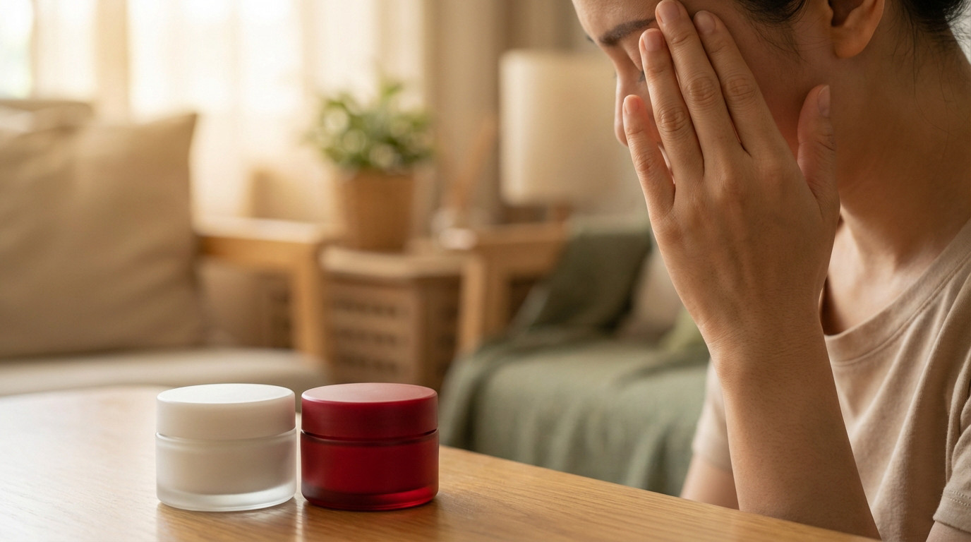 Close-up: Hand touches temple, suggesting headache/stress. Two unbranded balm jars (white, red) on wooden surface. Blurred, warm indoor background.