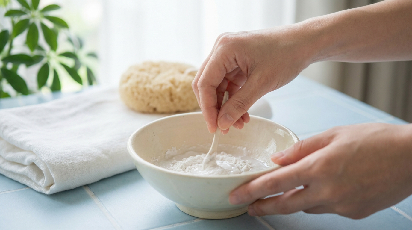 Des mains mélangent du bicarbonate de soude et de l'eau dans un bol. Serviette et éponge naturelle à côté, près d'une fenêtre.