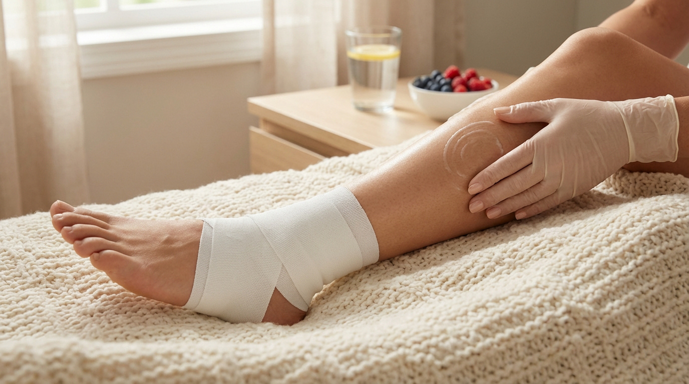 Jambe sur un lit, cheville bandée, main gantée appliquant de la crème sur le mollet. Soin pour œdème post-opératoire.