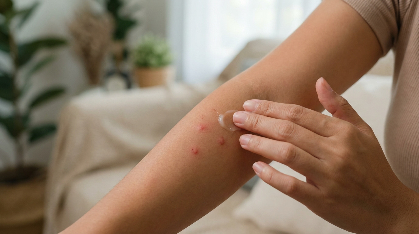 Close-up of a hand applying translucent cream to red mosquito bites on a forearm. Soft lighting, blurred indoor background.