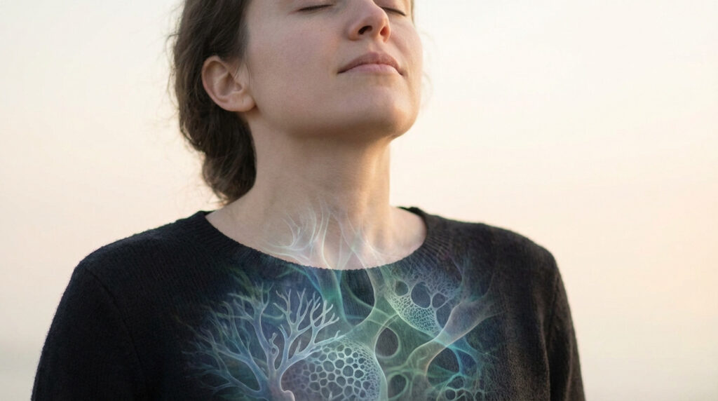 Close-up of a person breathing deeply, eyes closed. Glowing blue and green abstract alveoli are visible within their chest.