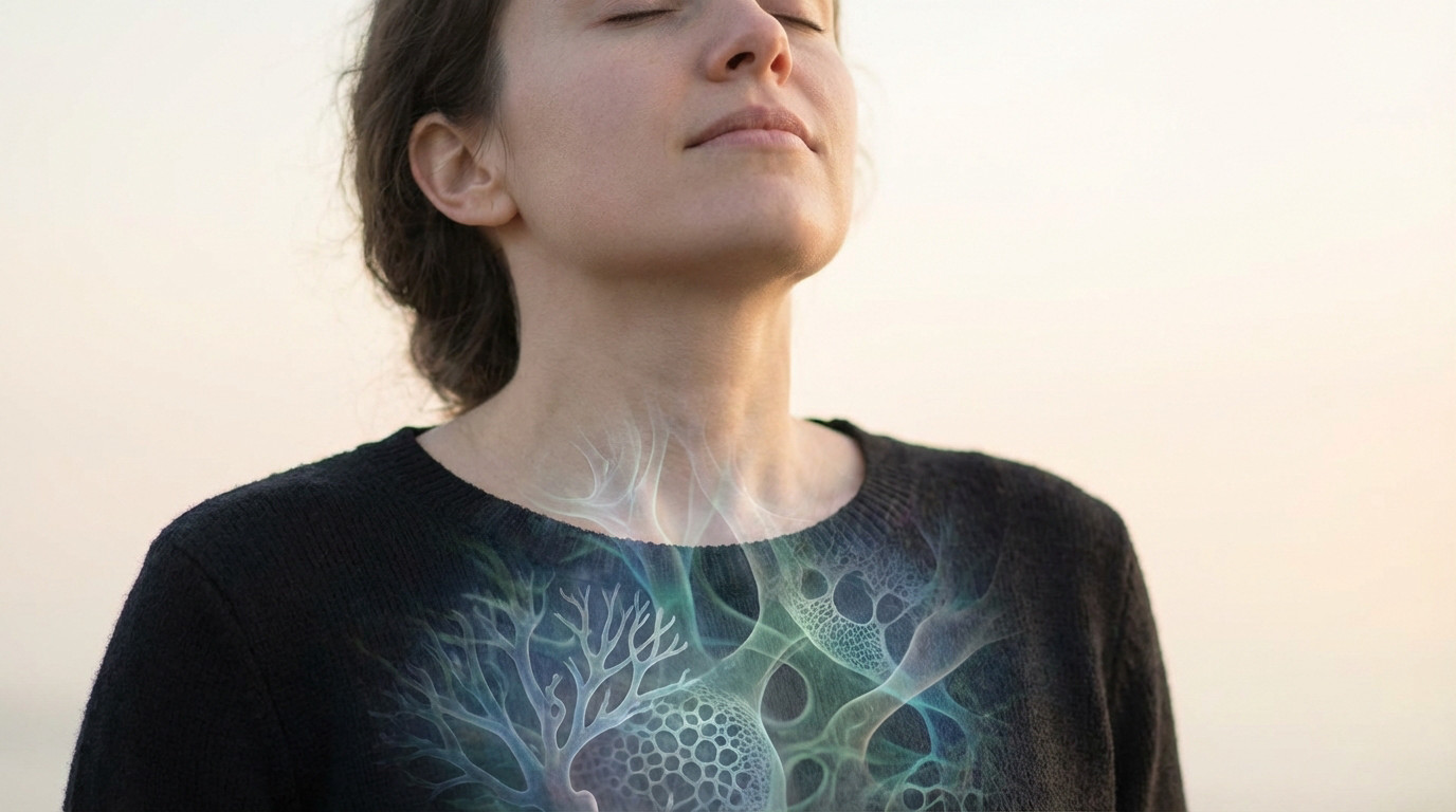 Close-up of a person breathing deeply, eyes closed. Glowing blue and green abstract alveoli are visible within their chest.