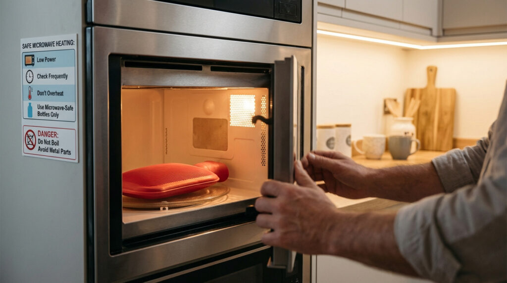 Une personne tient la porte d'un micro-ondes ouvert. À l'intérieur, une bouillotte rouge. Des consignes de sécurité sont visibles.