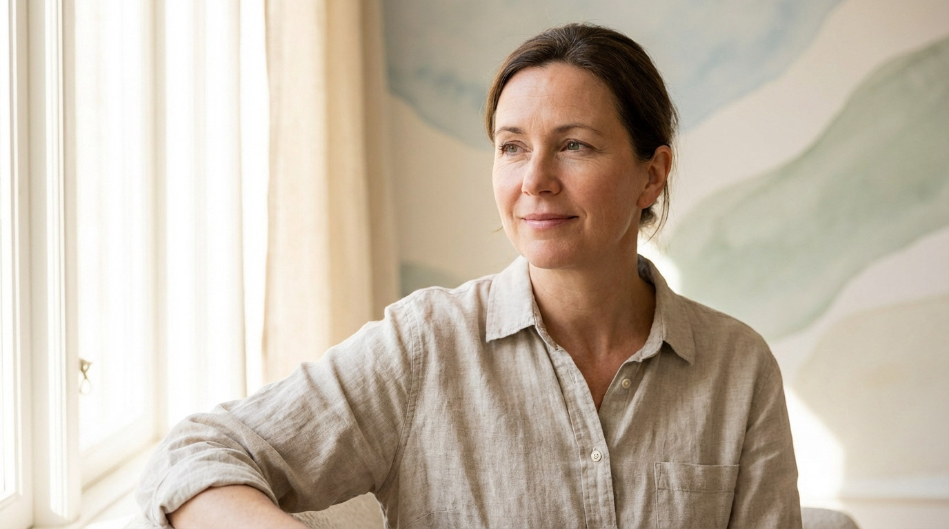 A woman with a serene, thoughtful expression, wearing a neutral-toned shirt, bathed in soft, warm light against a blurred pastel background.