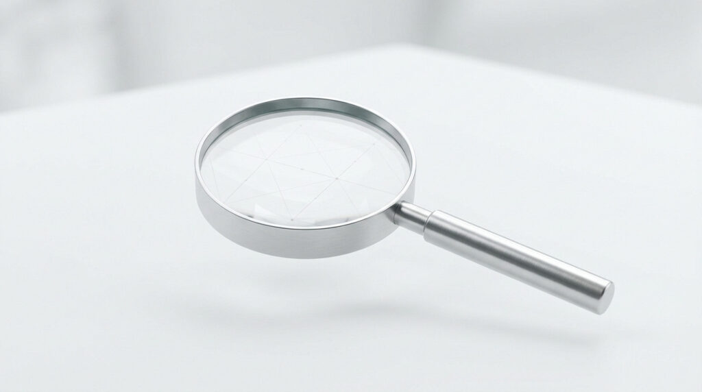 Sleek silver magnifying glass on a white surface, revealing a subtle geometric pattern under the lens. Clean, minimalist, and sterile.